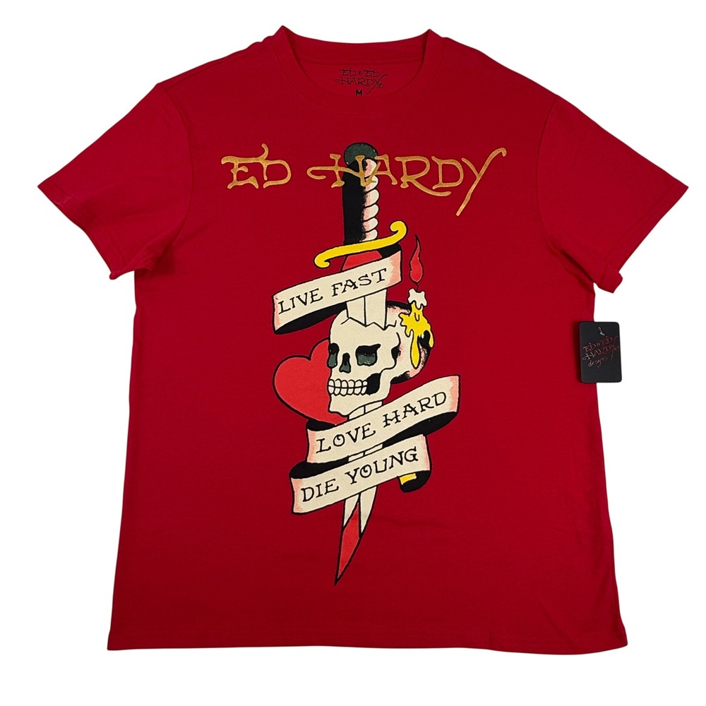 Ed Hardy Mens Red Graphic T-Shirt Live Fast Love Hard‎ Die Young EEHM1100-10 M